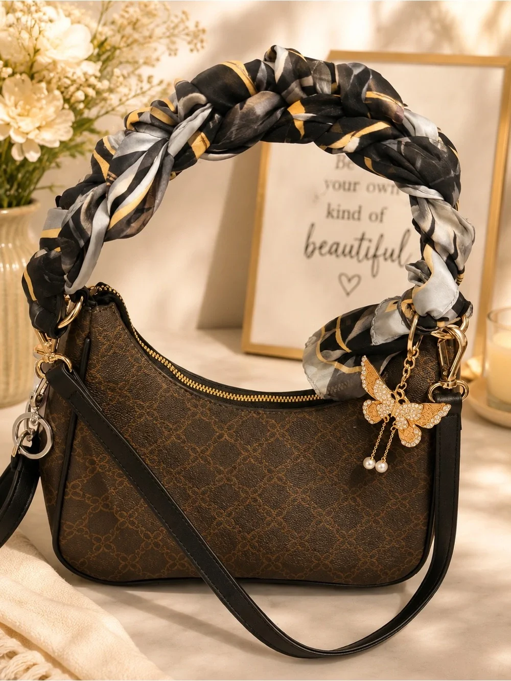 Elegant Black & Gold Leaf Print Women's Scarf with Butterfly Charm